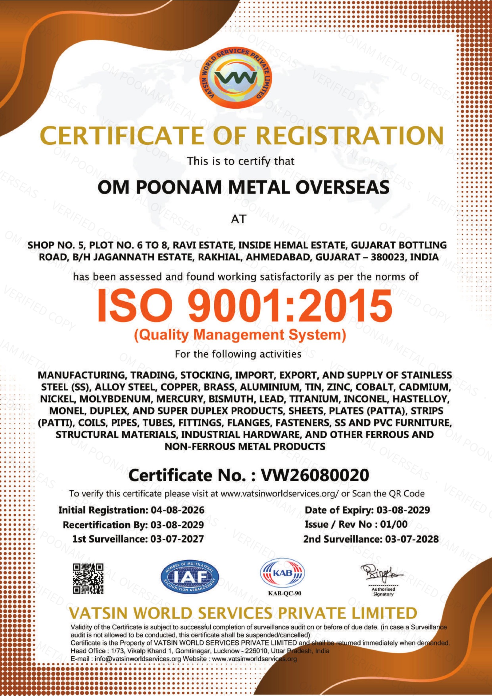 ISO 9001:2015 Certificate of Registration — Om Poonam Metal Overseas